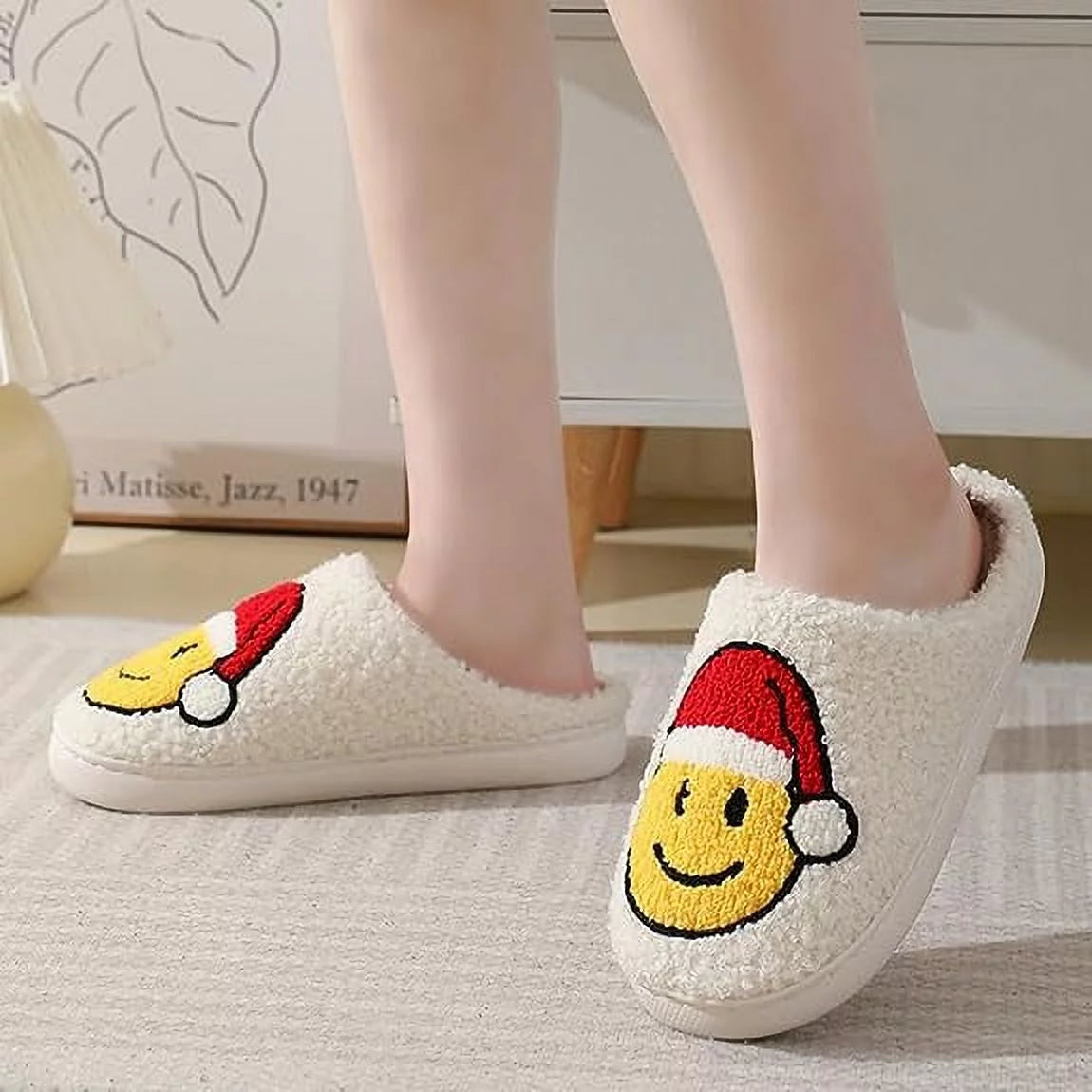 Smile Face Slippers for Women Men, Anti-Slip Soft Plush House Slippers with Memory Foam Slip Cute Cartoon Shoes Warmth for Indoor Outdoor（42/43）